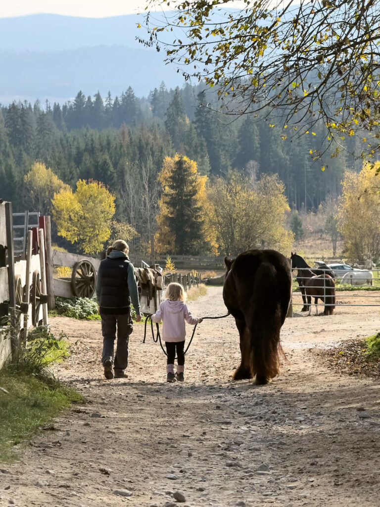 Reiten für Kinder: Ein Mädchen führt ein Pferd zum Stall zurück unter Begleitung eines Trainers